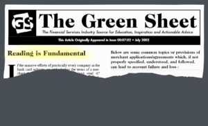 Torn page from The Green Sheet featuring the article written by Anthony L. Ogden, ‘Reading is Fundamental’— emphasizing the importance of understanding merchant agreements to prevent account failure and loss.