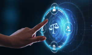 Digital interface with justice icons—scales, gavel, courthouse—highlighting BankCardLaw’s legal guidance in electronic payment compliance and risk management.